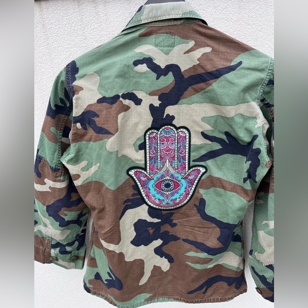 Camouflage Jacket with Colorful Hamsa Patch